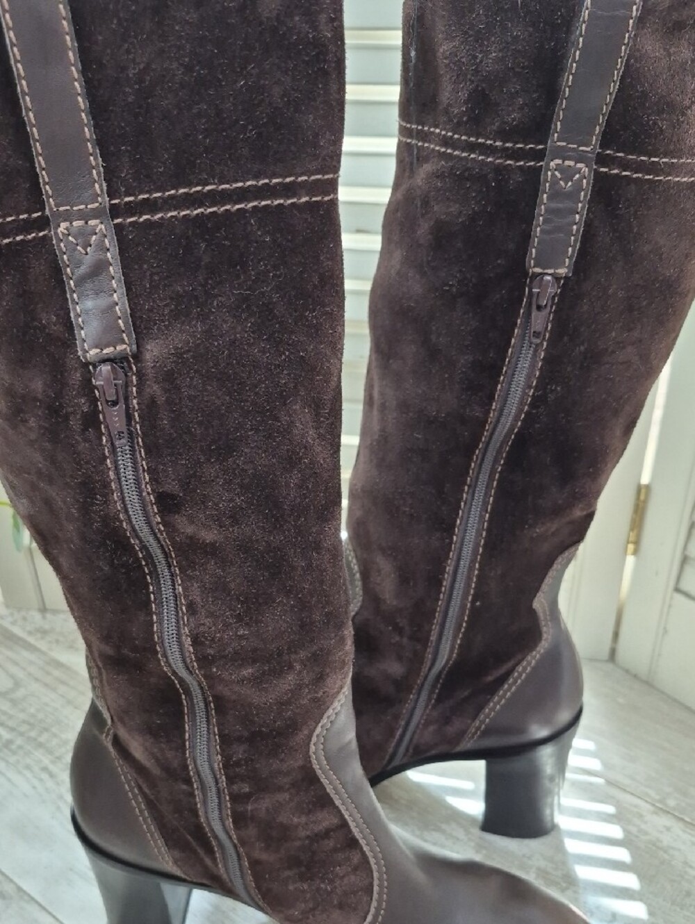 Franco Sarto Tall Dark Brown Suede & Leather Heel Boots - Picture 3 of 8